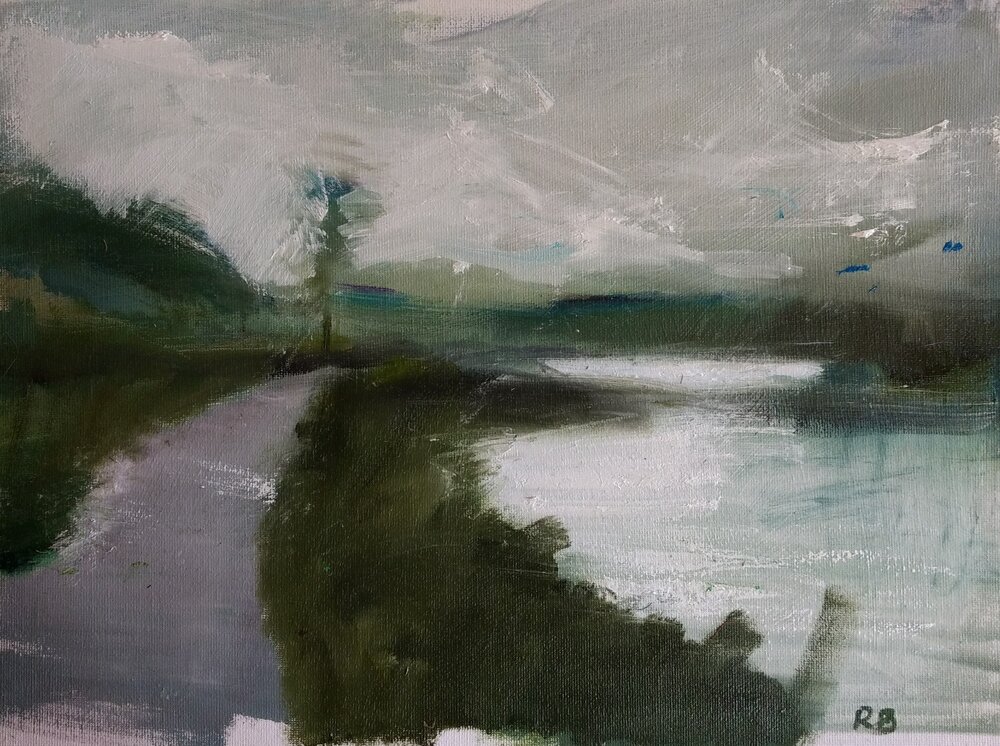  Path beside a lake  Oil on board  40x30 cms  £495.  Another evocative painting of the Lake District - shimmering water is captured here with quick, expressionistic brush strokes. 