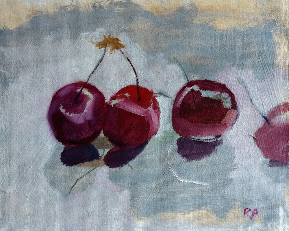  Two pairs of cherries  Oil on board  25.7x20.5 cms  SOLD  These painterly cherries seem to contain a movement and poetry akin to dancing couples. There is a sumptuous quality to the paint, which was mixed on the canvas, and the loose, linear sketchi