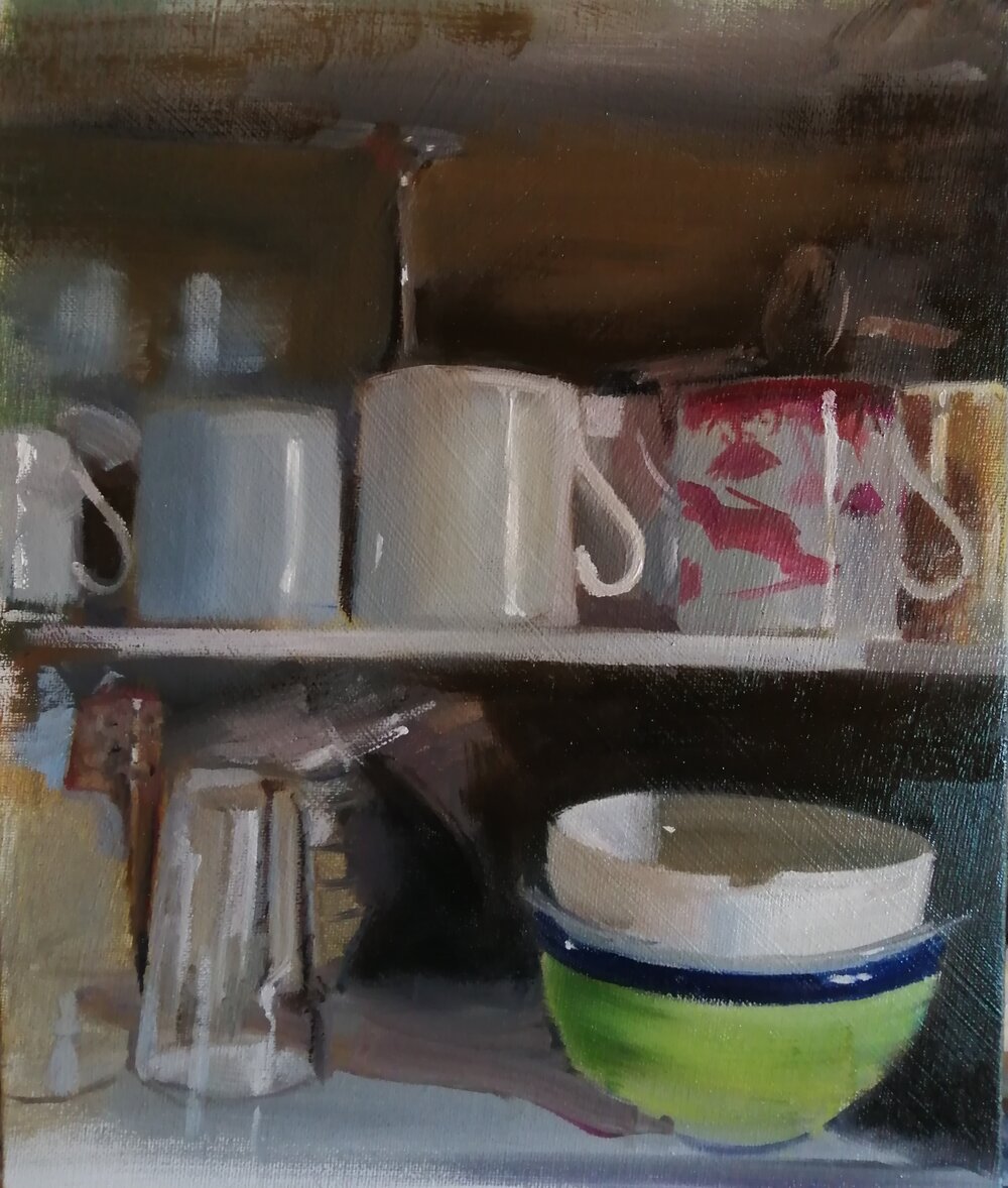  Crowded cupboard  Oil on board  36x28 cms  SOLD  This quirky little still life painting of the inside of a kitchen cupboard, painted during the so called social distancing period in 2020, among other things, a curious nostalgia for crowds. 