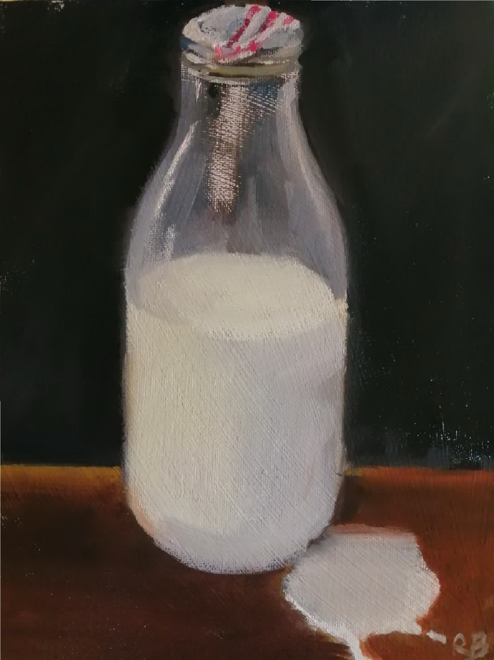  Spilt milk  Oil on board  26x20 cms  £275  This still life painting of a simple bottle of milk is typical of this artist’s love for the everyday object, and the use of it to convey more abstract, or deeper themes...  spilt milk seeming appropriate a