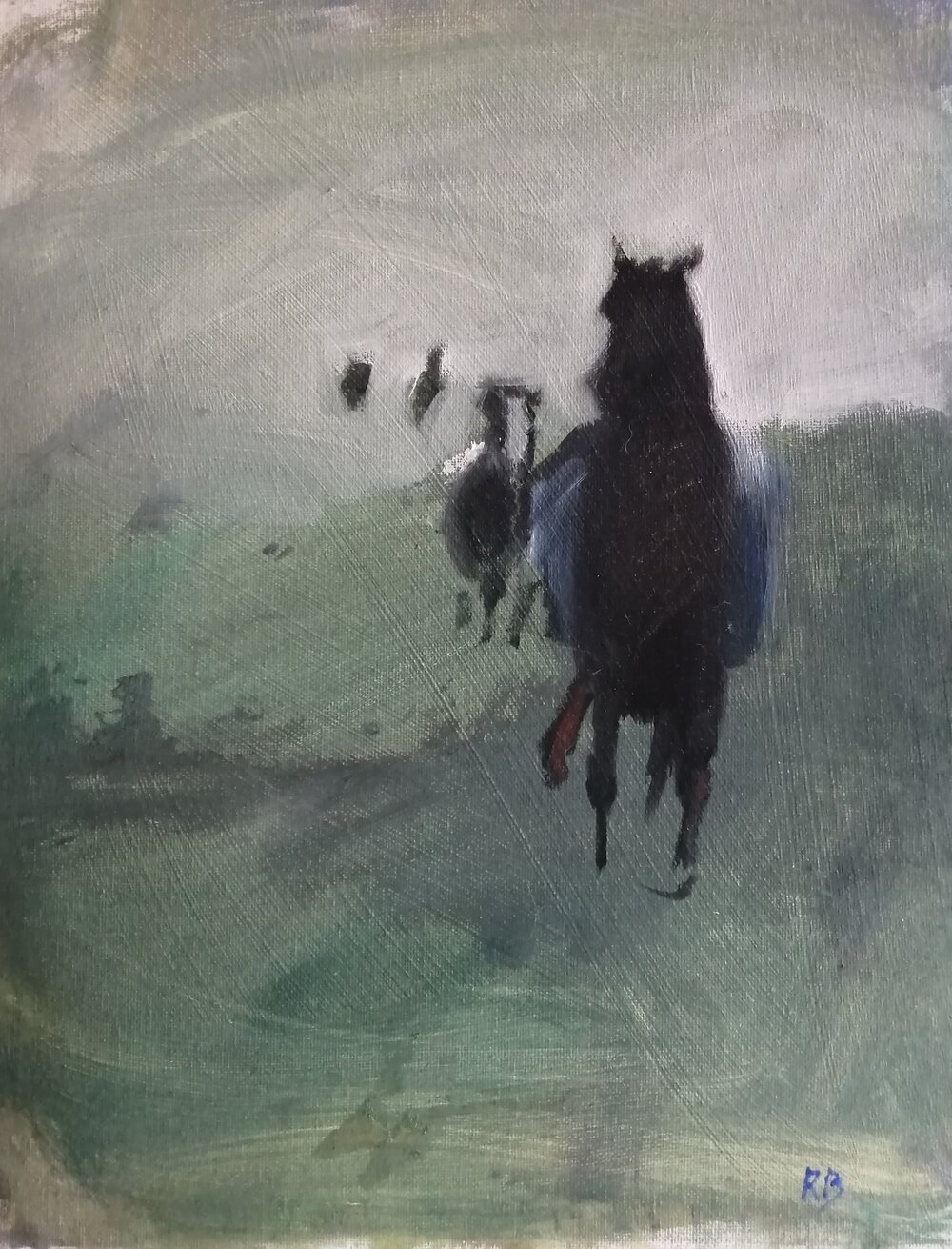 Horses  Oil on board  30x40 cms  SOLD  This dramatic sketch of horses galloping towards the viewer is striking, expressing speed, depth and perspective. 