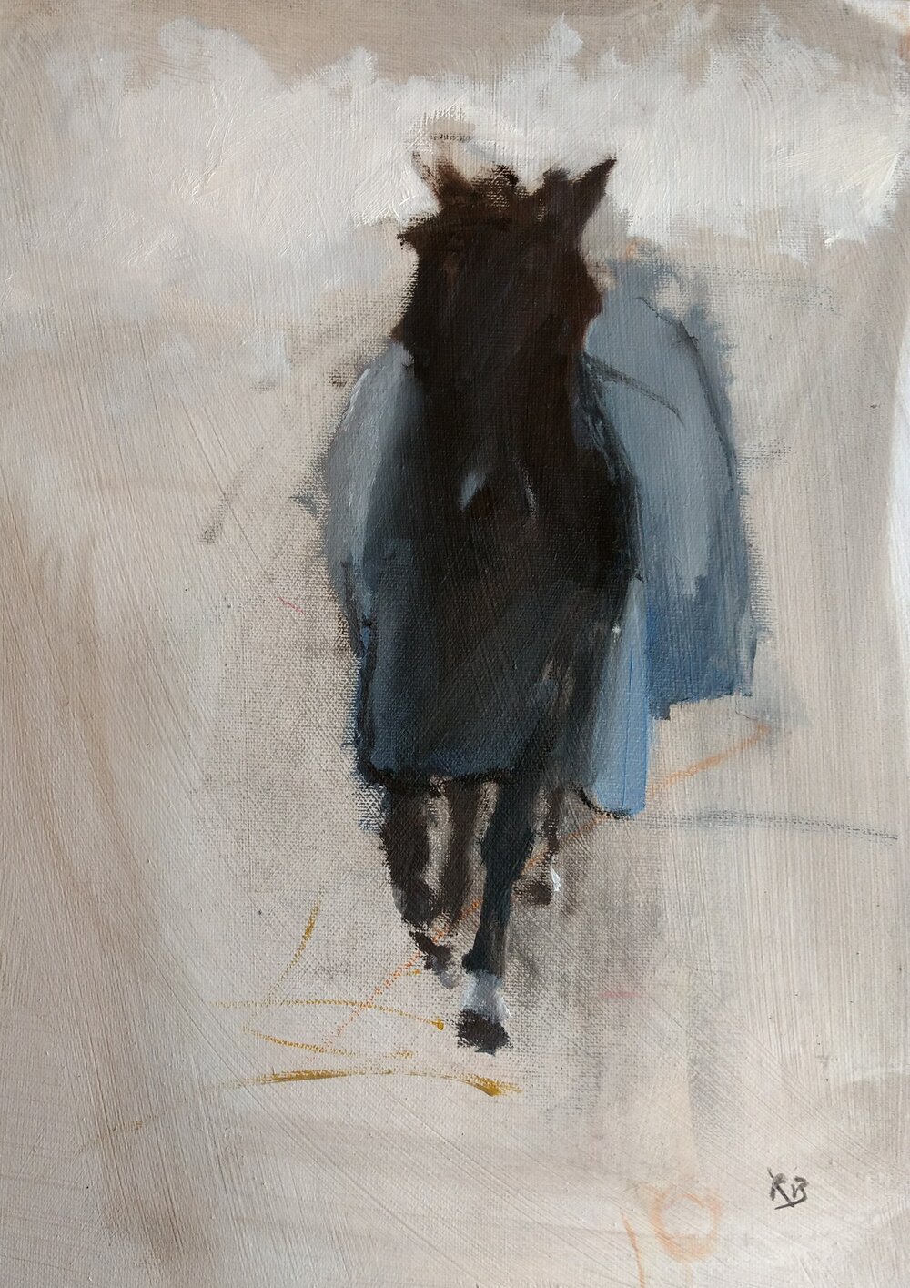 Horse in a blue coat  Oil on board  30x40 cms  SOLD  A horse in a blue coat coming briskly towards the viewer almost silhouetted against a misty background makes a dramatic statement. 