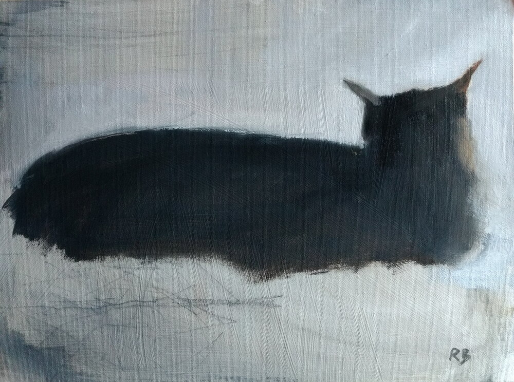  Cat  Oil on board  40x30 cms  SOLD  Almost completely in silhouette, this simple sketch of a painting more or less embodies ‘catness’. 