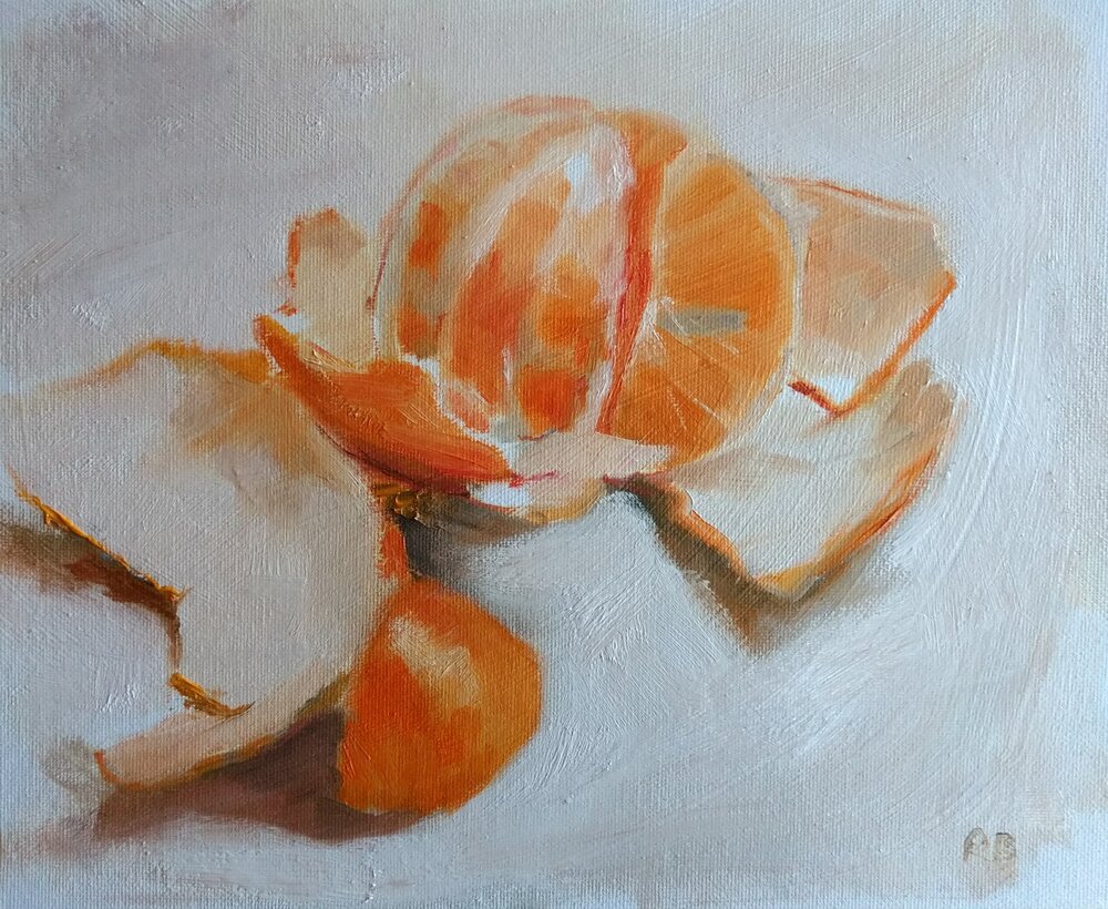  Unravelled tangerine  Oil on board  30x24 cms  SOLD  A study of an unravelled tangerine 