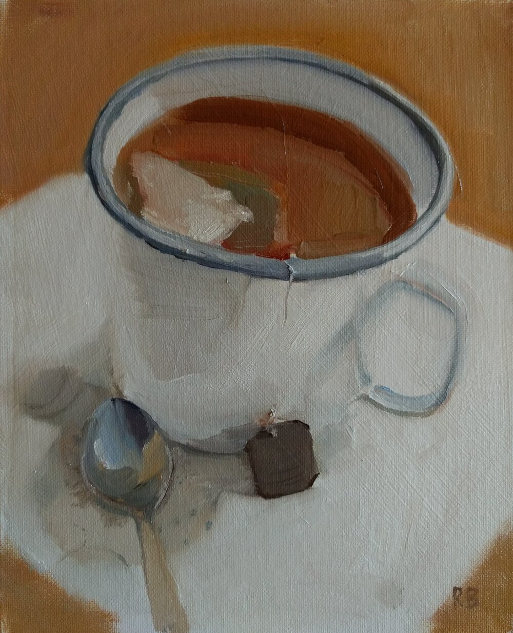  Tea bag and stain  Oil on board  20.4x25.5 cms  (framed) £600  A simple composition involving a white enamel tea cup, tea bag and stain on a diagonally placed napkin. This piece was shown in 2019 at the Royal Institute of Oil painters exhibition in 
