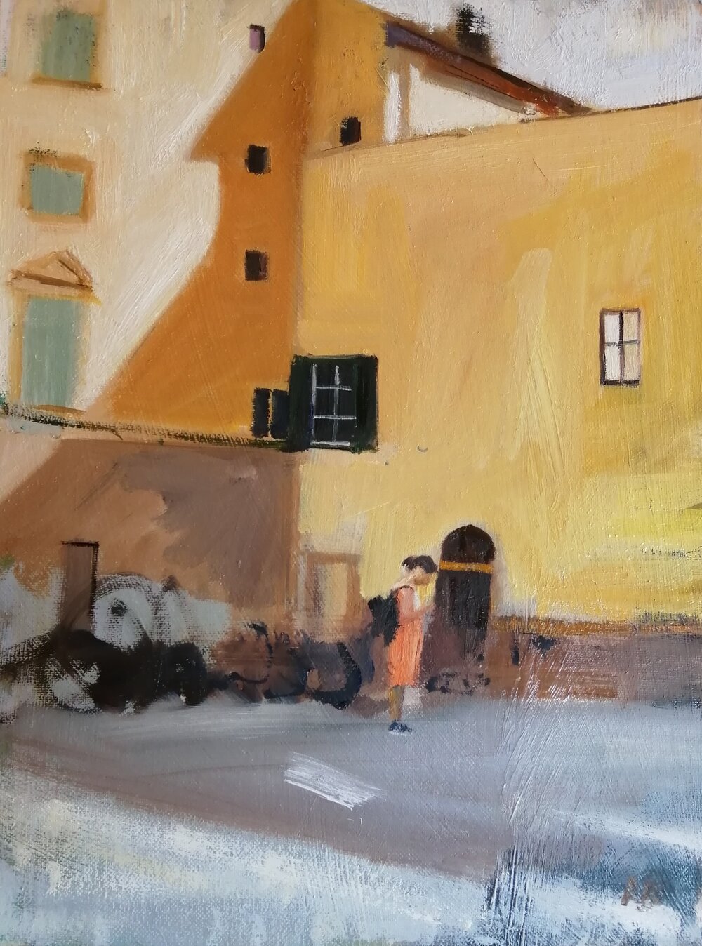  Lone tourist in Florence  Oil on board - 30x40 cms  SOLD  I loved the scale of the buildings towering over the lone tourist. I also took advantage of the geometric shapes created by the shadows. This painting was featured in House and Garden as part
