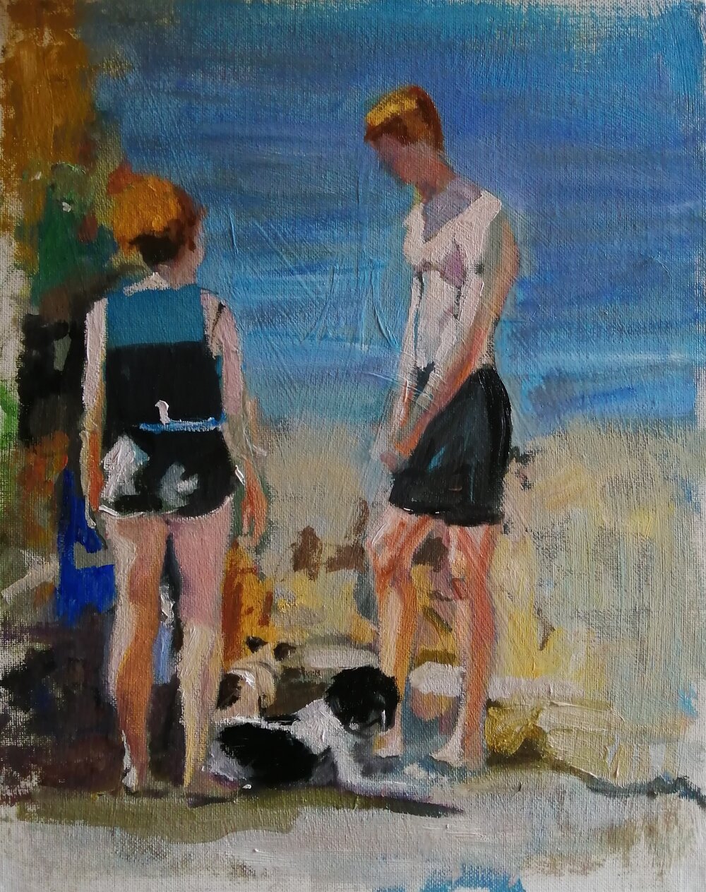  People and dogs at the beach  Oil on board  28x36 cms  SOLD  A glimpse into the lives of two young people with their dogs on a hot summer day. 