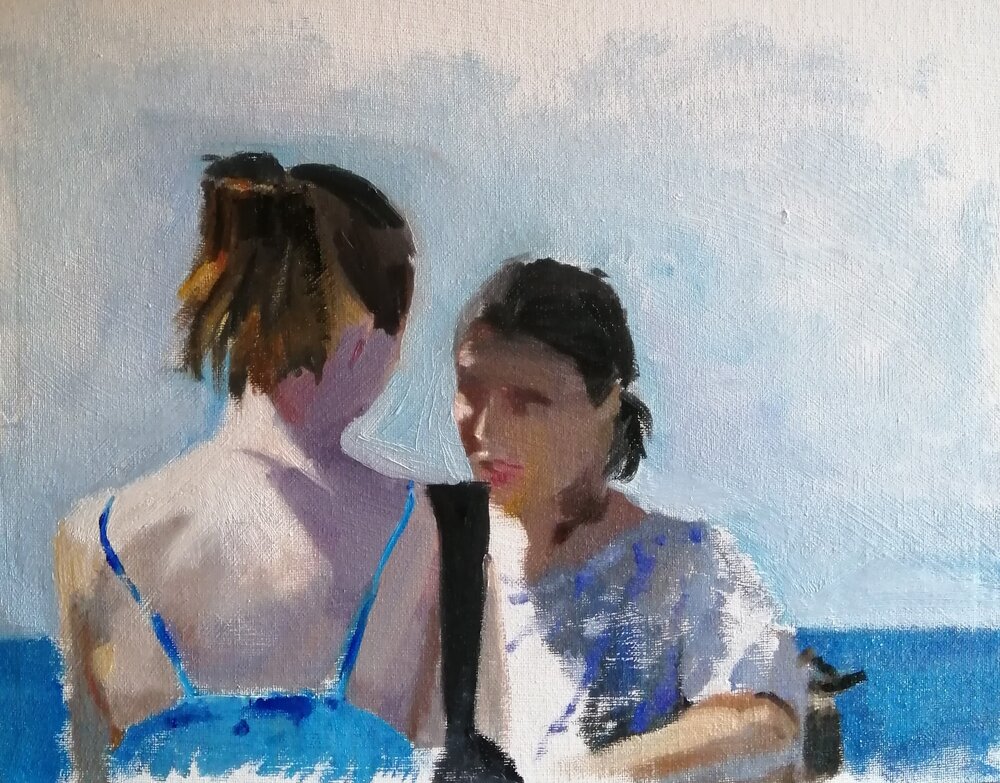  Girls at the beach  Oil on board- 35.5x28 cms - £350  This painting is a quick impression of an intimate moment between two girls chatting at the beach. Shown as part of ‘Amalgam’, my solo show at the Space Theatre, London 2021 