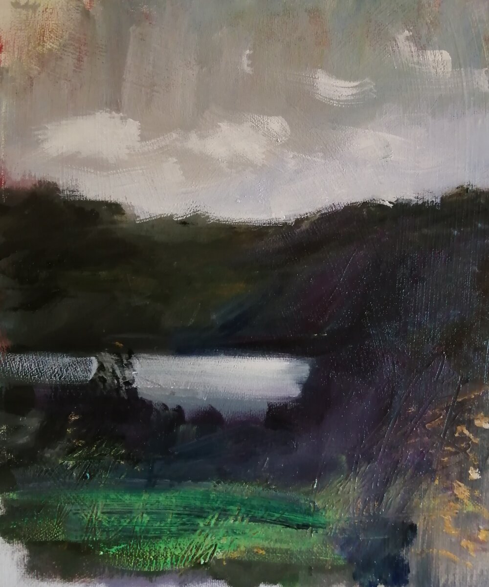  Glimpse of a lake  Oil on board  30x40 cms  SOLD  This atmospheric landscape painting describes a fleeting glimpse of a lake in the distance, surrounded by verdant vegetation and topped by a late evening sky with fluffy pieces of cloud. 