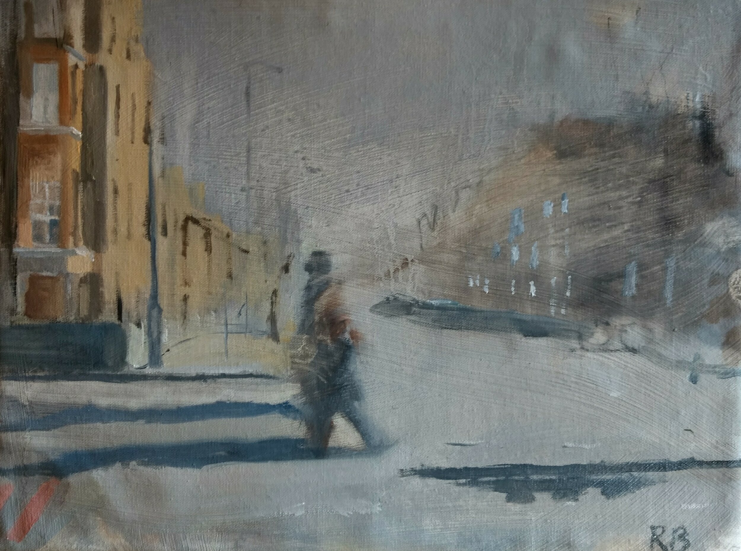  Pedestrian in Battersea  Oil on board  40x30 cms  £375  An atmospheric cityscape featuring a lone, indistinct figure in the foreground crossing a London street. Lighting and long shadows punctuate this composition 