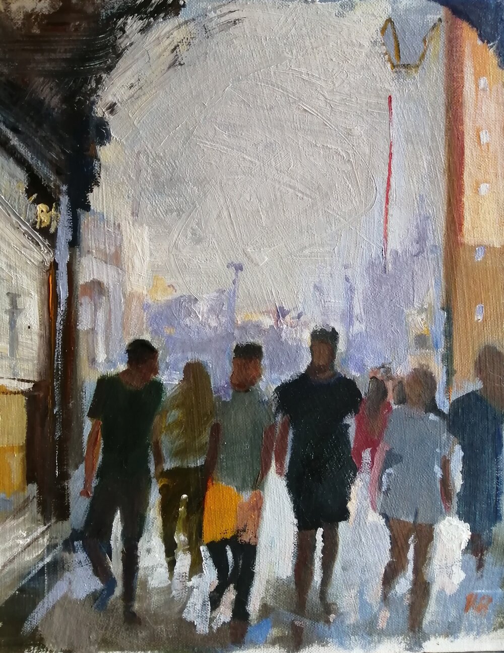  Group dynamic, Venice  2020  Oil on board  30x40cms  £395  As the title suggests, a group dynamic passing through an archway from St Mark’s square. Painted with quick, expressive brushstrokes. 