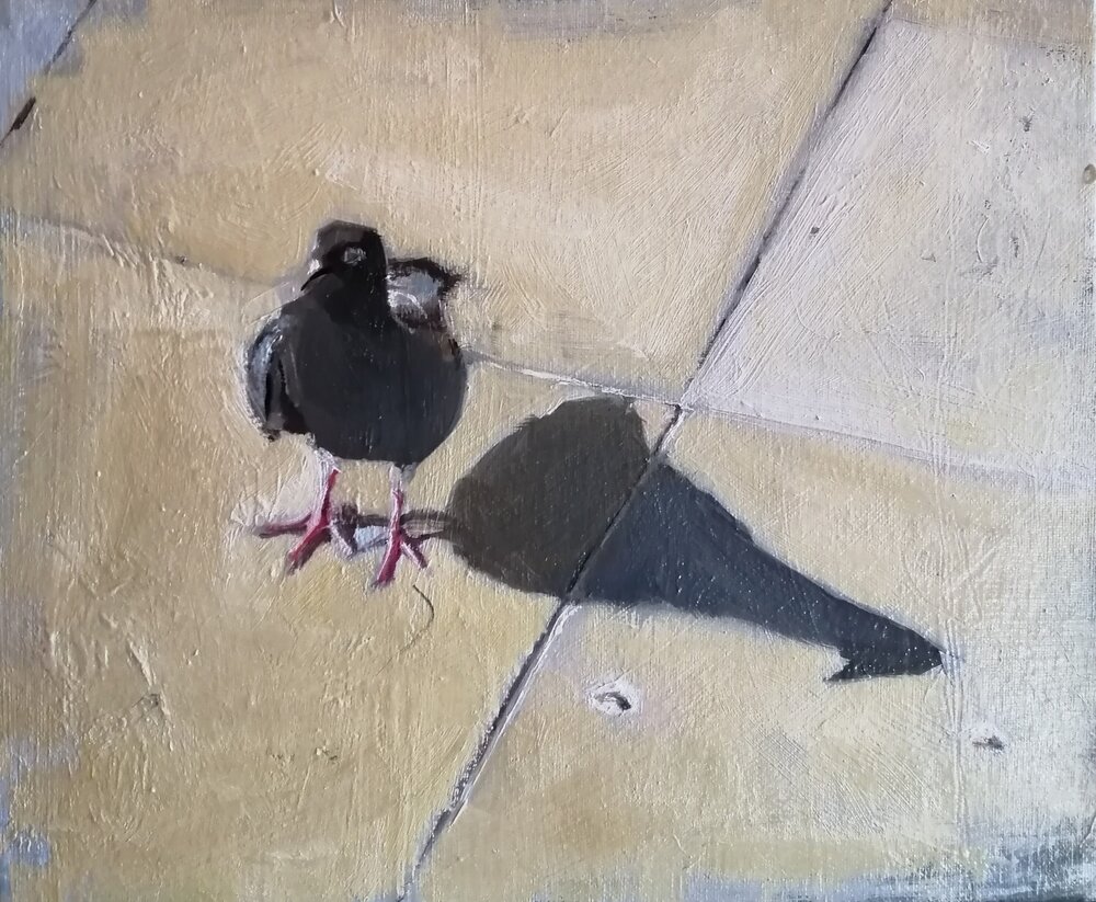  London pigeon  Oil on board  £220  A London pigeon standing on a hot pavement casting a deep summer shadow, accompanied by a couple of bits of debris 