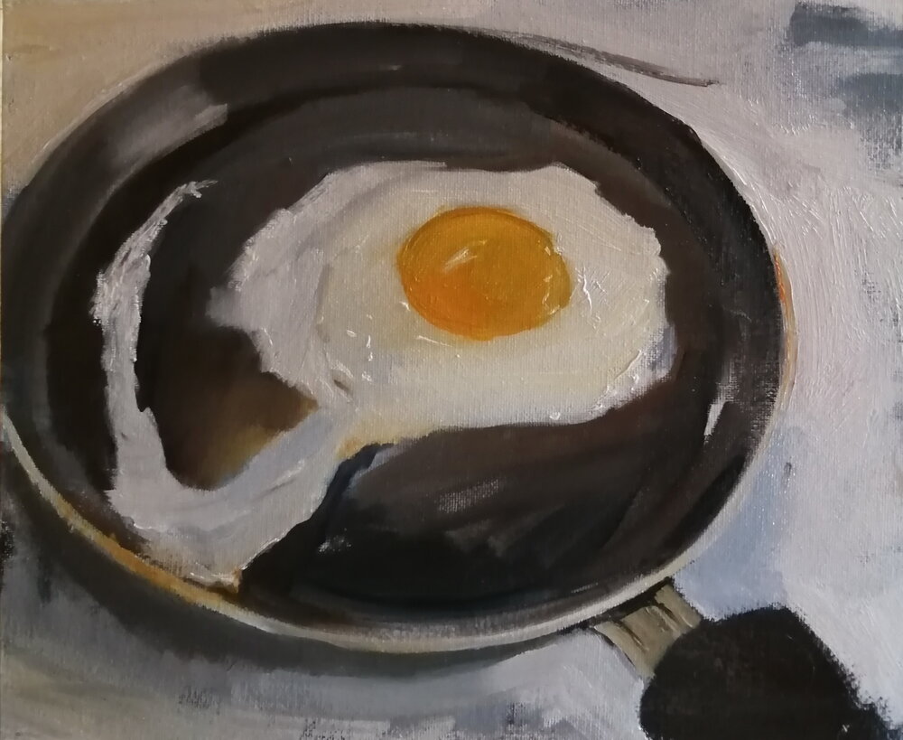  Fried egg  Oil on board  30.5x25.5 cms  SOLD  A quirky little still life oil painting of a fried egg in that transient state between pale blue and glutinous, and solid oily white. Shown at the Royal Inst. of Oil Painters exhibition, Mall Galleries L