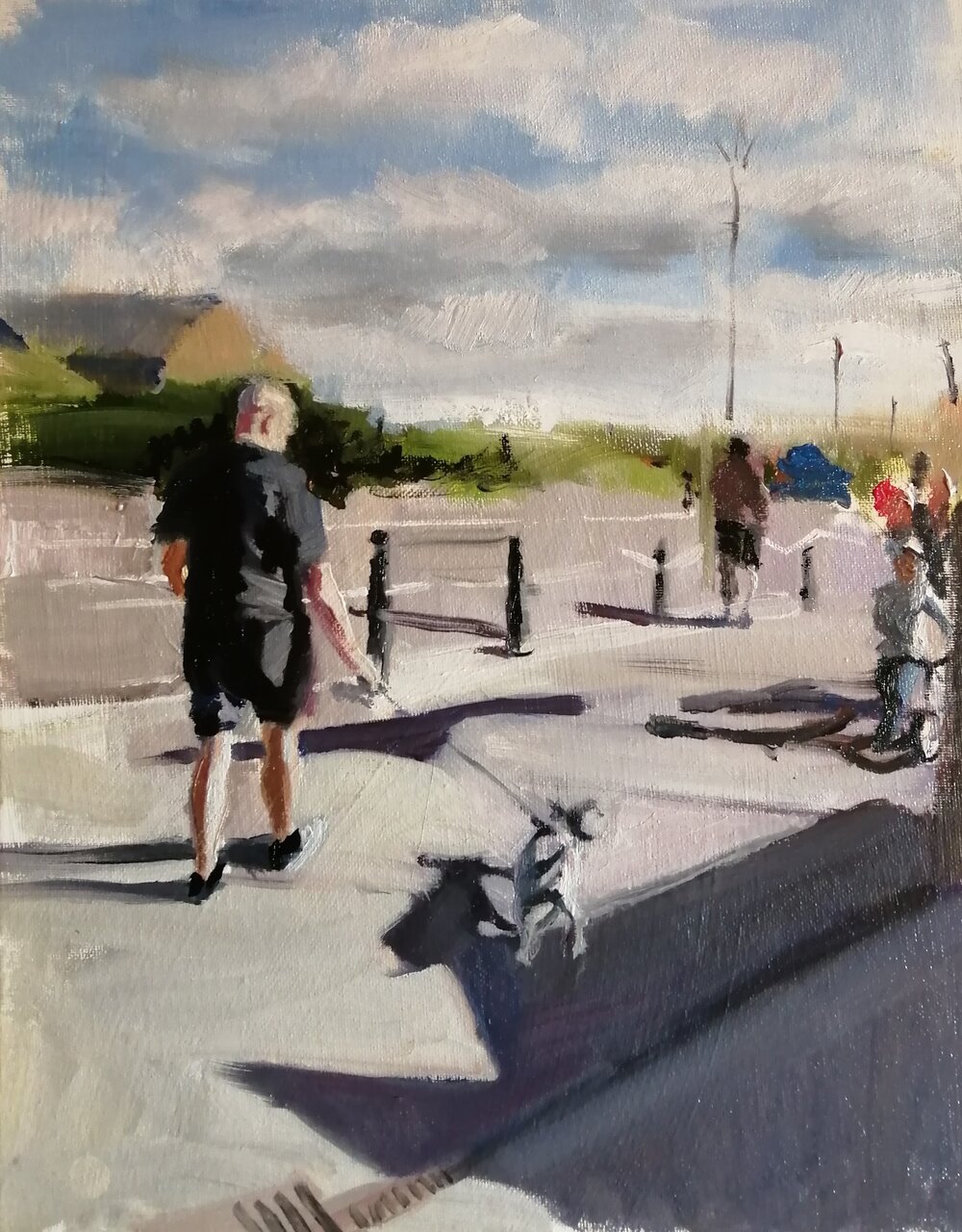  One man and his dog  2020  Oil on board  28x35.5 cms  £250  A slice of everyday life in a sea side town in Britain 