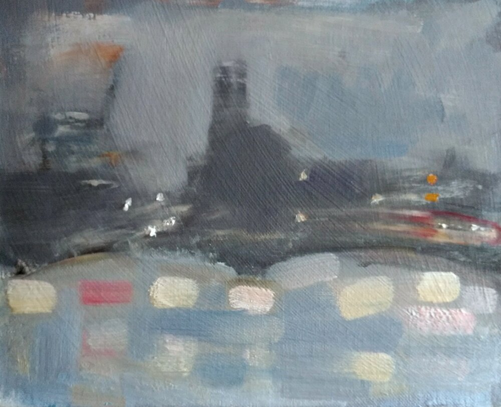  Evening lights on the Thames  Oil on board  30x25 cms  SOLD  An impression of calm over the Thames as soft lights catch the surface and silhouetted buildings form a backdrop. 