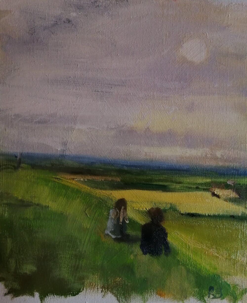  A covid19 evening  Oil on board  28x30.5 cms  SOLD  A contemporary impressionist landscape painting (Wiltshire) with two figures in the foreground watching the sun weaken in the sky over a patchwork of fields. An expression of the lonely, thought pr