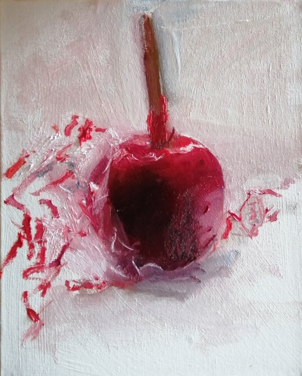  Toffee apple  Oil on board  20.5x25.5 cms  A modern impressionist painting of a toffee apple, detailing the sticky richness of texture and colour, and the abstract flamboyance of the plastic wrapper. 