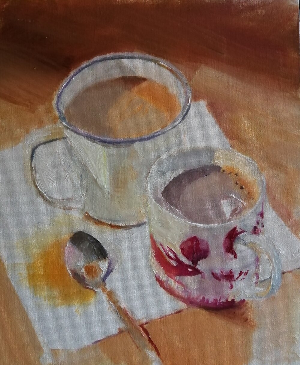  Tea or chocolate?  Oil on board  25.5x30.5 cms  £395  A still life composition with two cups of hot drinks on a diagonally placed square of material. 