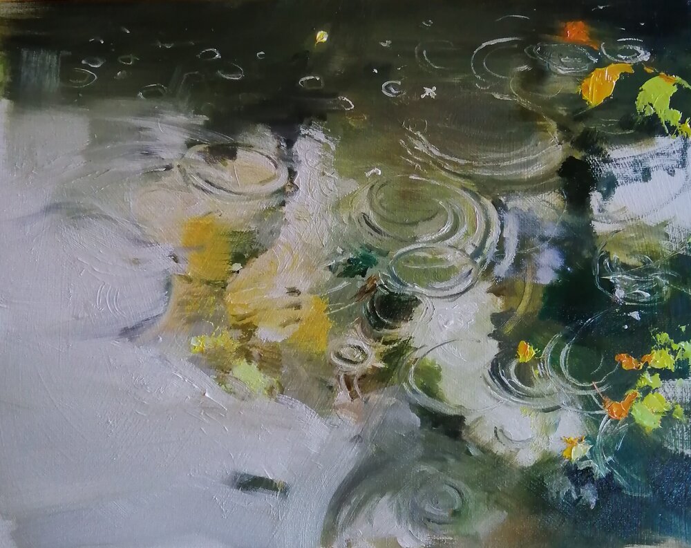  Raindrops  Oil on board  35.5x30.5 cms  SOLD  Raindrops and reflections on a lake.  