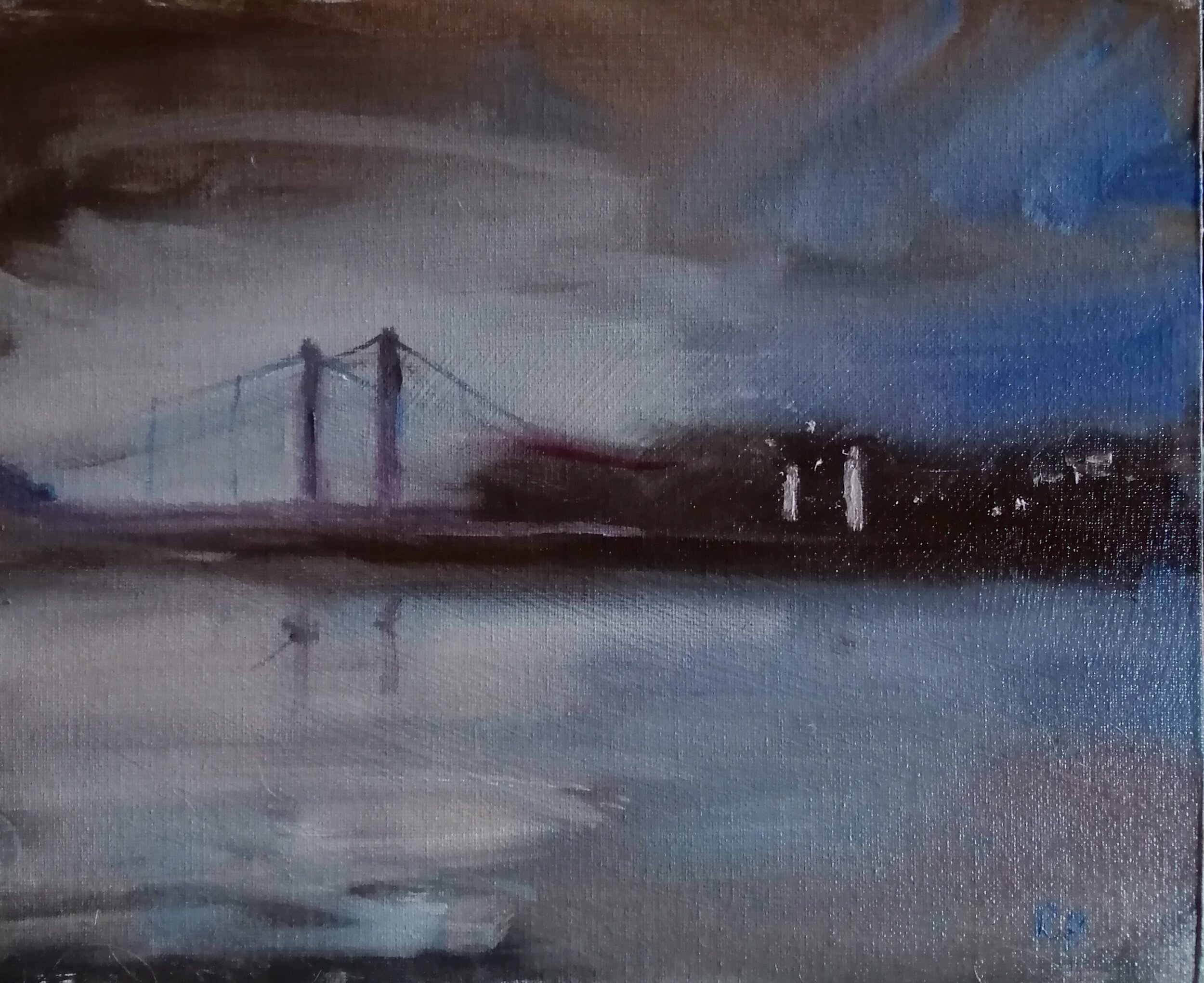  Chelsea Bridge  Oil on board  31x26 cms  £350  An impressionist oil sketch of Chelsea Bridge in London at sunset. Sultry blues and soft milky whites off set the structure of the bridge as it recedes into the impending darkness. Painted with layers o