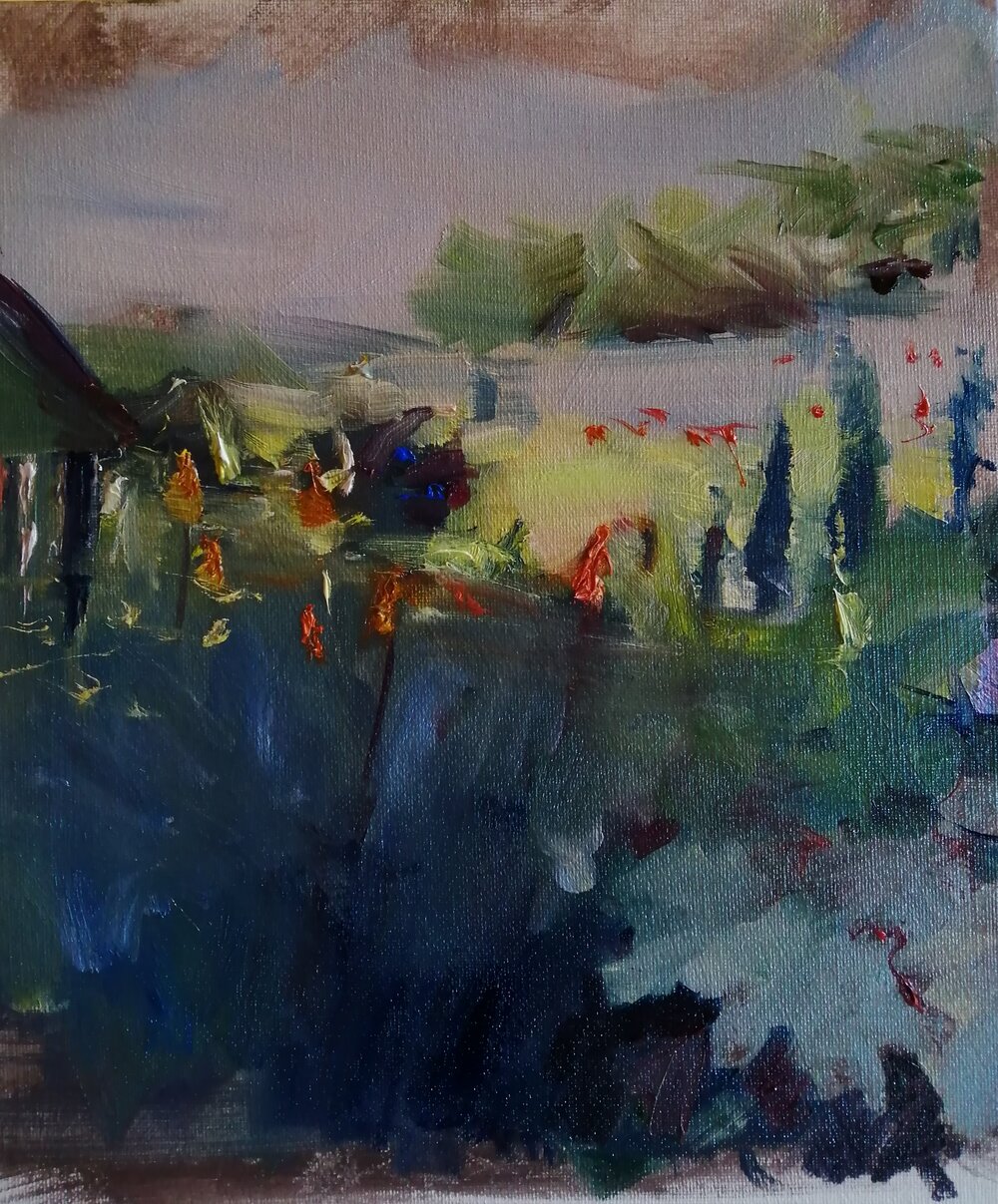  Last summer  Oil on board  26x31 cms  £550  A modern impressionist painting of a garden in august, full of intense colour, light and deep vibrant shadows 