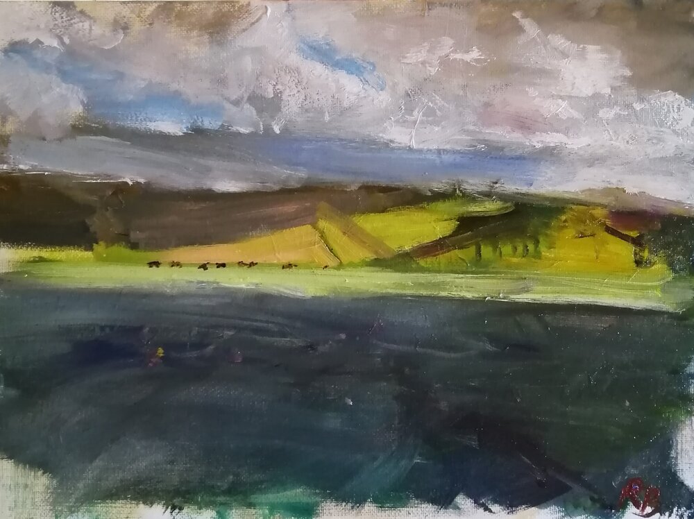  Clouds passing over Wiltshire  Oil on board  31x23 cms  £375  An impressionist painting of clouds and shadows over a Wiltshire landscape 