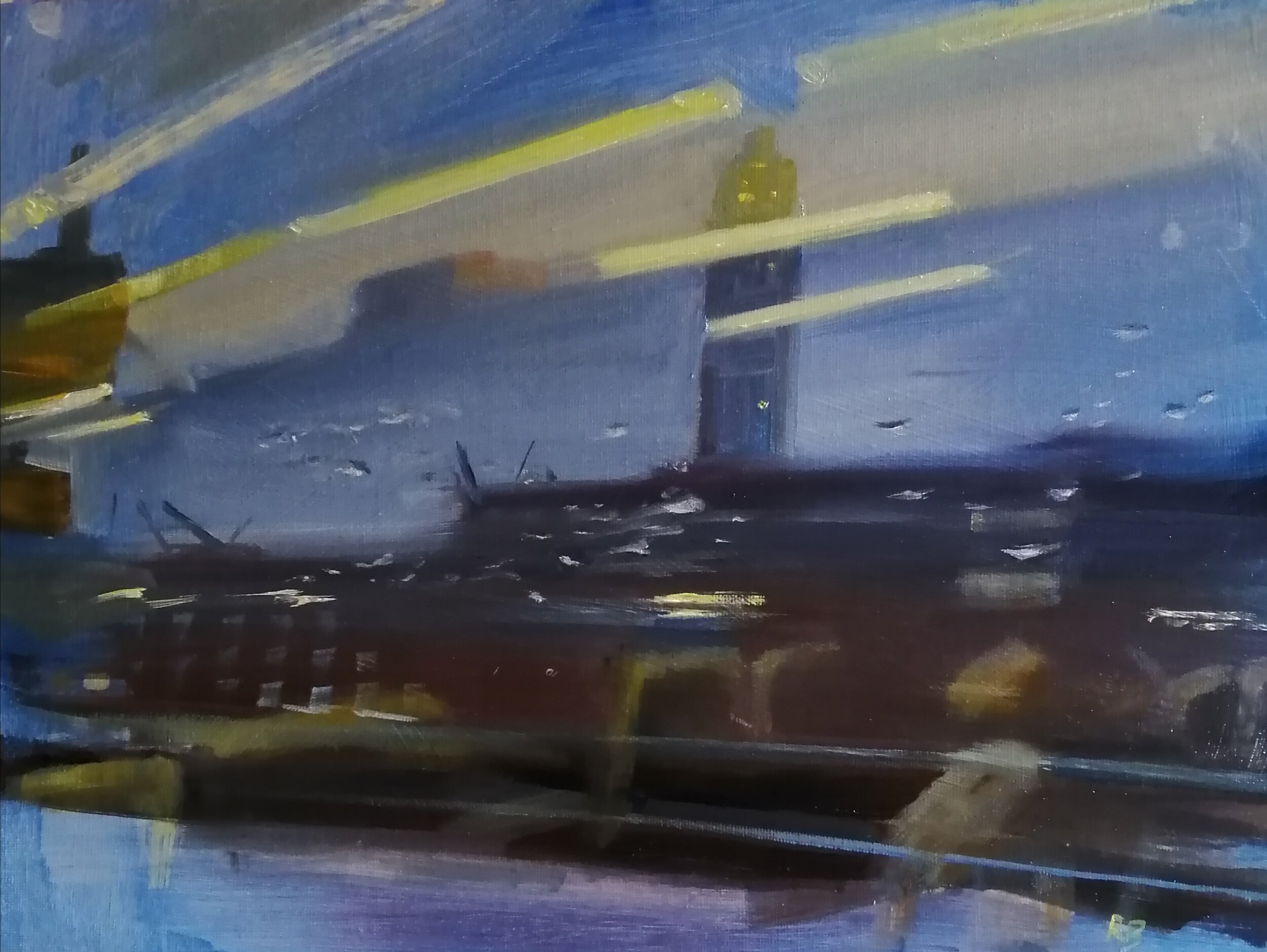  Rain on a train window  Oil on board  31x26 cm  SOLD  An atmospheric impressionist painting of rain on a train window as it speeds away from London. There are three layers of focus in this painting - the scene of the London suburbs through the windo