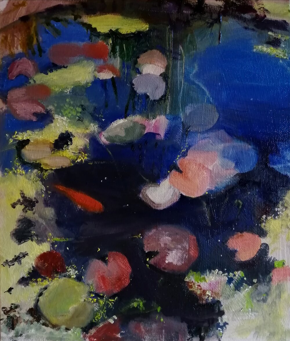  Lily pond  Oil on board  31x26 cm  not currently available  A goldfish basking in a summer lily pond, the colours and shapes of the waterlilies making an almost abstract composition 