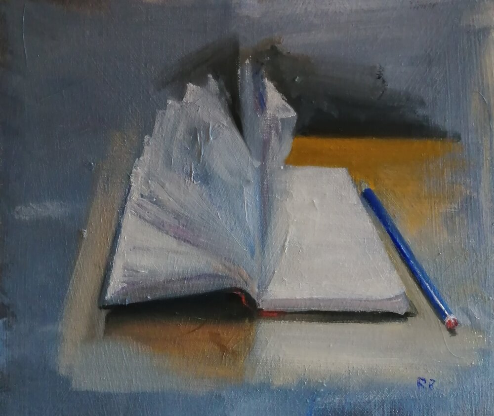  Mislaid notebook  Oil on board  31x26 cm  SOLD  A still life painting of a notebook and pencil - the title brings an element of mystery - a mislaid notebook.  Did it contain private, or important information and who is the owner? Are they still look