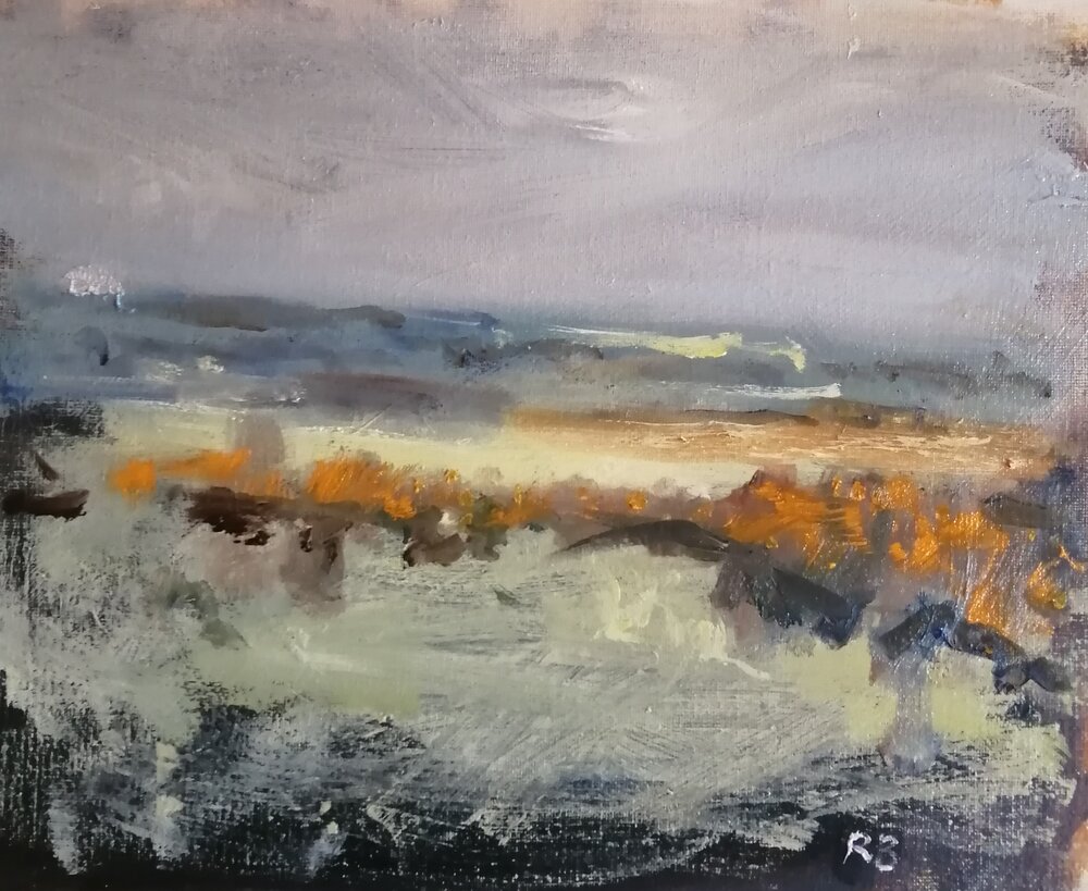  Oil sketch, Martins down nature reserve  Oil on board  31x26 cm  £375  An oil sketch of a British nature reserve, painted in a contemporary impressionist style. Broad brushstrokes and energetic fluid marks bring subtle abstract values to this rural 