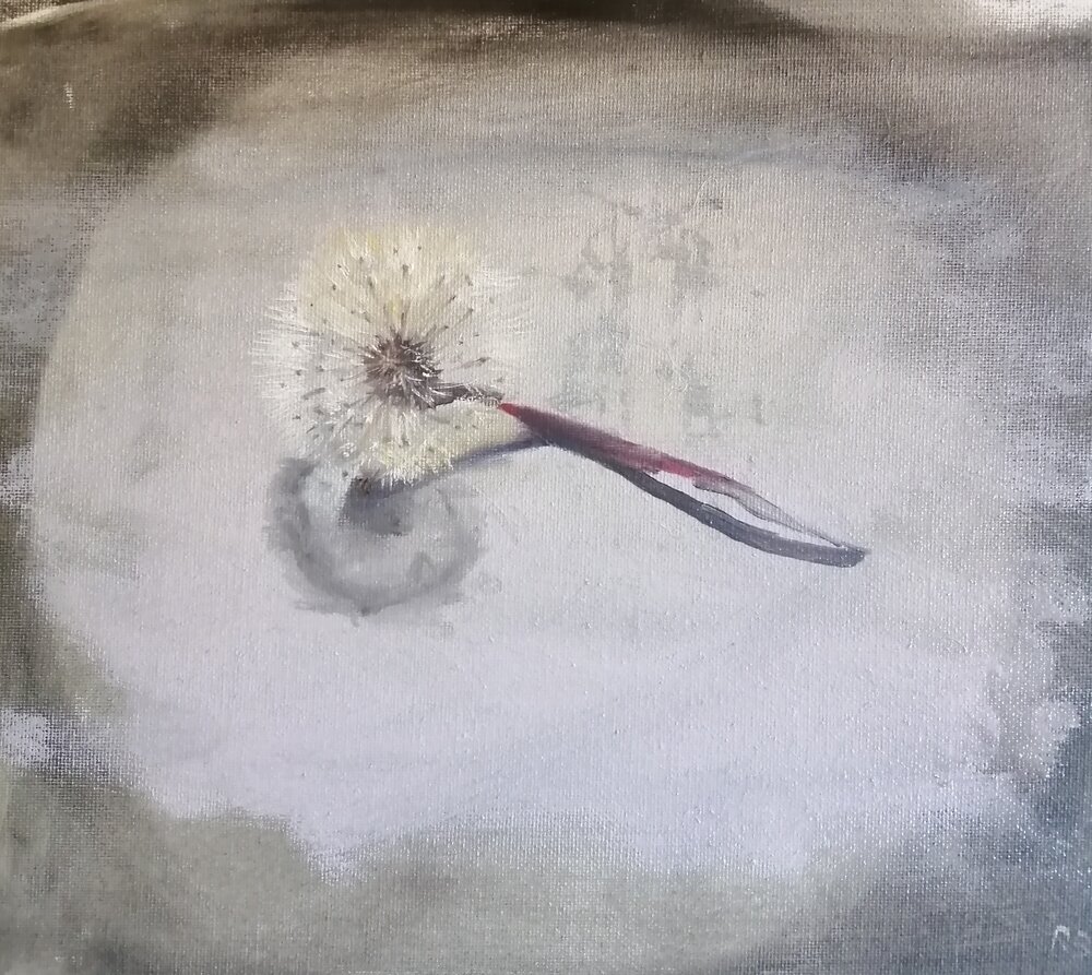  Dandelion  Oil on board  31x26 cm SOLD  A subtle, ethereal painting of a dandelion seed head 