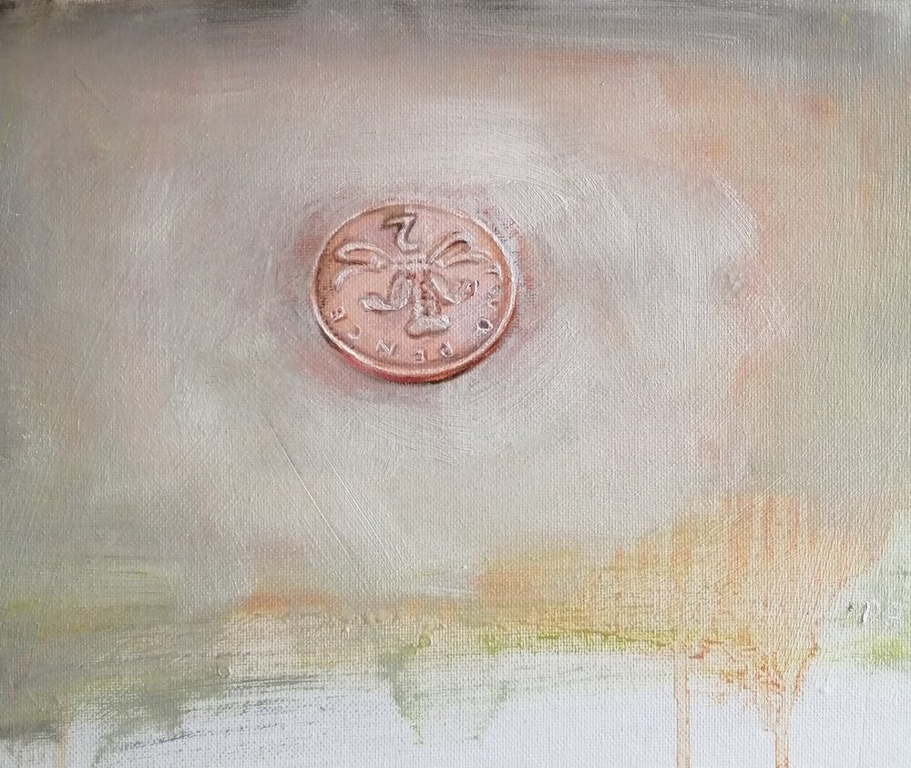  Lost and found  Oil on board  31x26 cm  £275  A subtle painting of a coin 