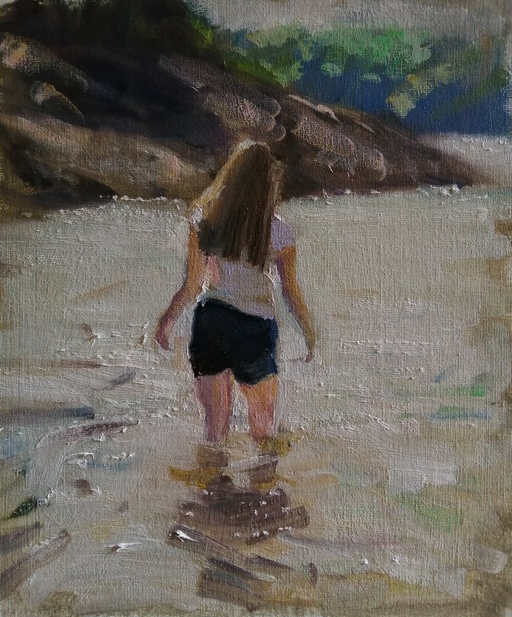  The English riviera  Oil on board  26x31 cm  £500  An impressionist painting of a girl wading in the cool water of a coastal resort in Devon, England. Painted in an impressionist style after over a year of travel restrictions this painting brings we
