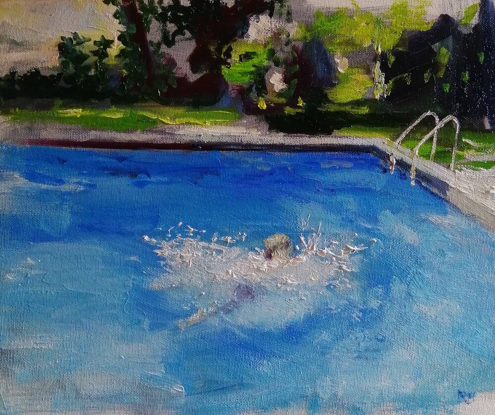  Swim  Oil on board  31x26 cm  £350  Swim - either a command or an observation. An impression of the joyful calamity in the water as a young person enjoys a swim; a backdrop of gardens and sunlight complete this summer scene. Shown at Figurative Art 