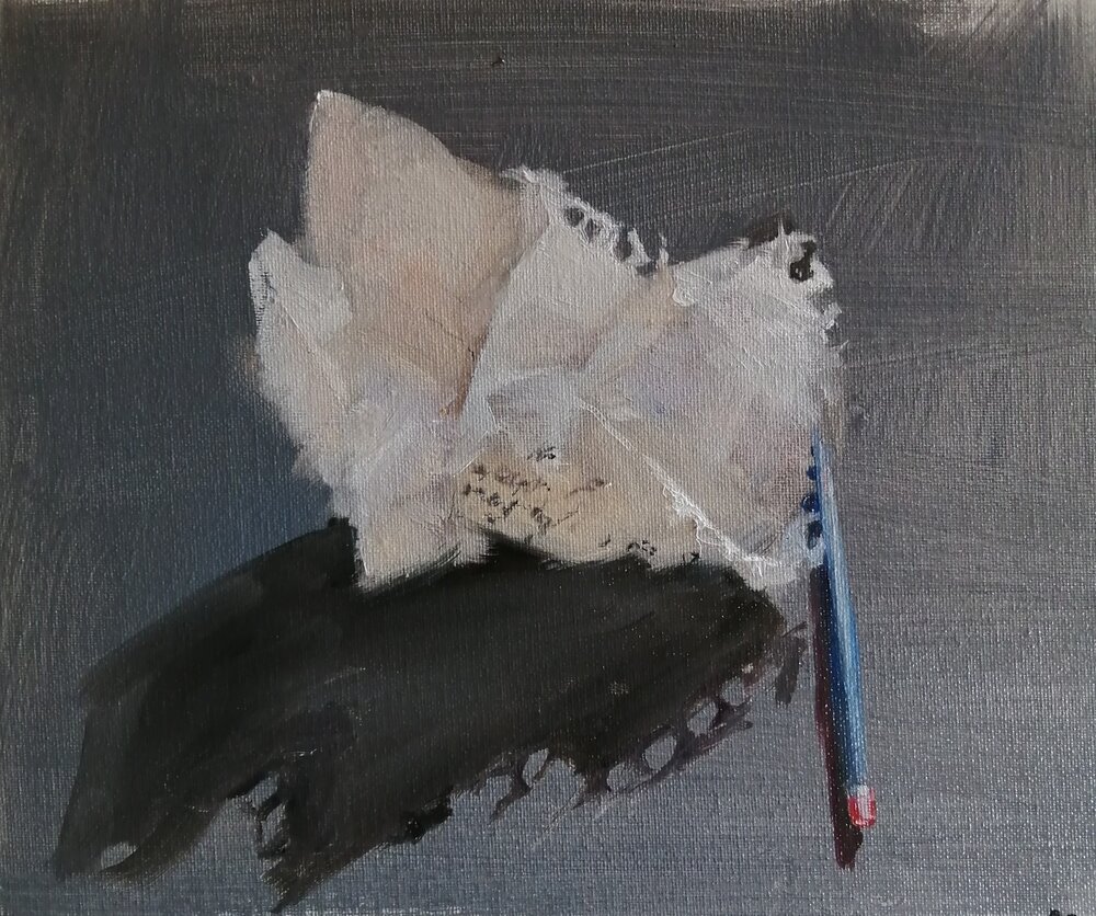  Paper and pencil  Oil on board  31x26 cm  £500  A still life study of paper and pencil in oil, shown at Figurative Art Now 2021, Mall Galleries London 