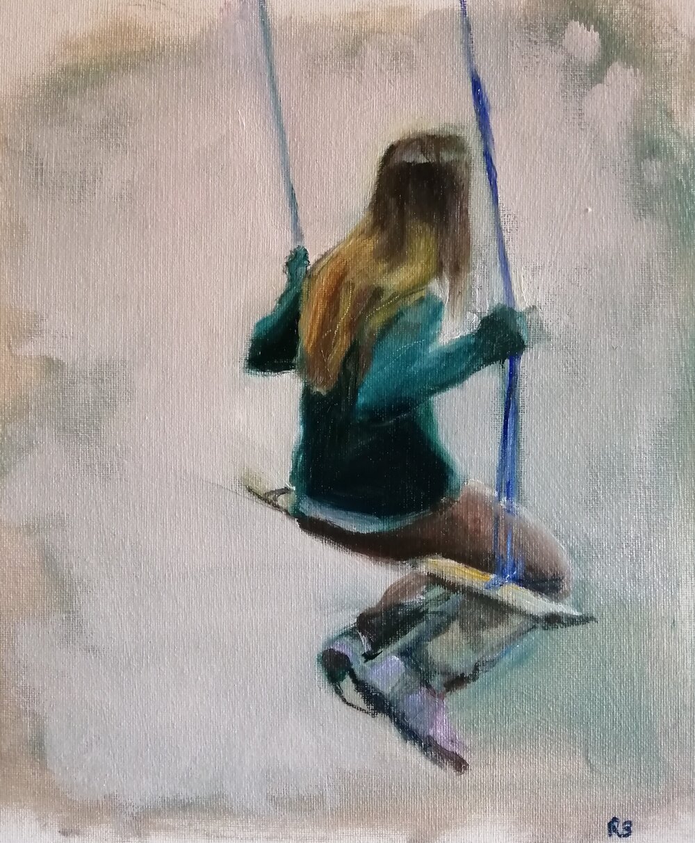  Girl on a swing  2020  Oil on board  26x31 cm  SOLD  An  painting of a thoughtful girl on a swing 