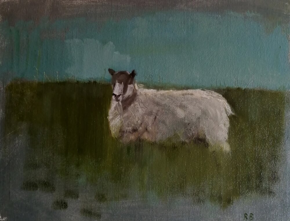  Sheep  Oil on board  31x26cm  SOLD  An atmospheric painting of a petrol blue skyline at dusk in rural Wiltshire, England. A rugged sheep is set against this theatrical backdrop, and the painting captures the still quiet moments before the sun disapp