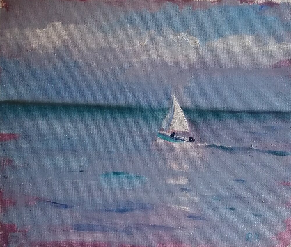  Sailing  Oil on board  31x26 cm  £400  An impressionist study of a sailing boat on iridescent water, making its way out to sea.  