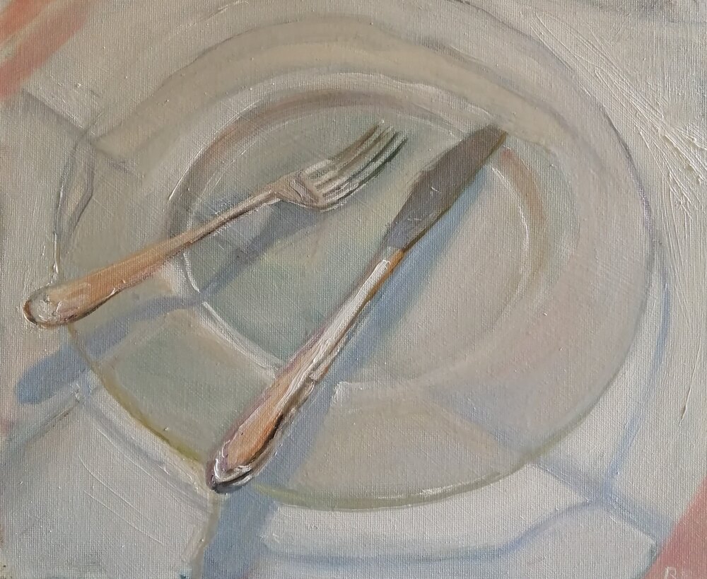  Knife and fork  Oil on board  31x26 cm  £350  A subtle study of solid objects on translucent glass, reflections and shadows 