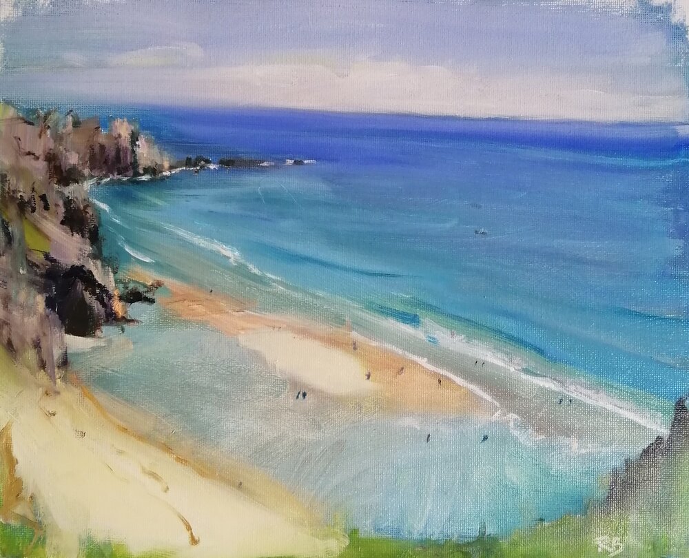  Cornish beach  Oil on board  31x26 cm  £375  An impressionist painting of a Cornish beach from a high standpoint; looking out to sea the colours change from the soft turquoise of the shallow water on the sand, to deeper blue with a hint of violet as