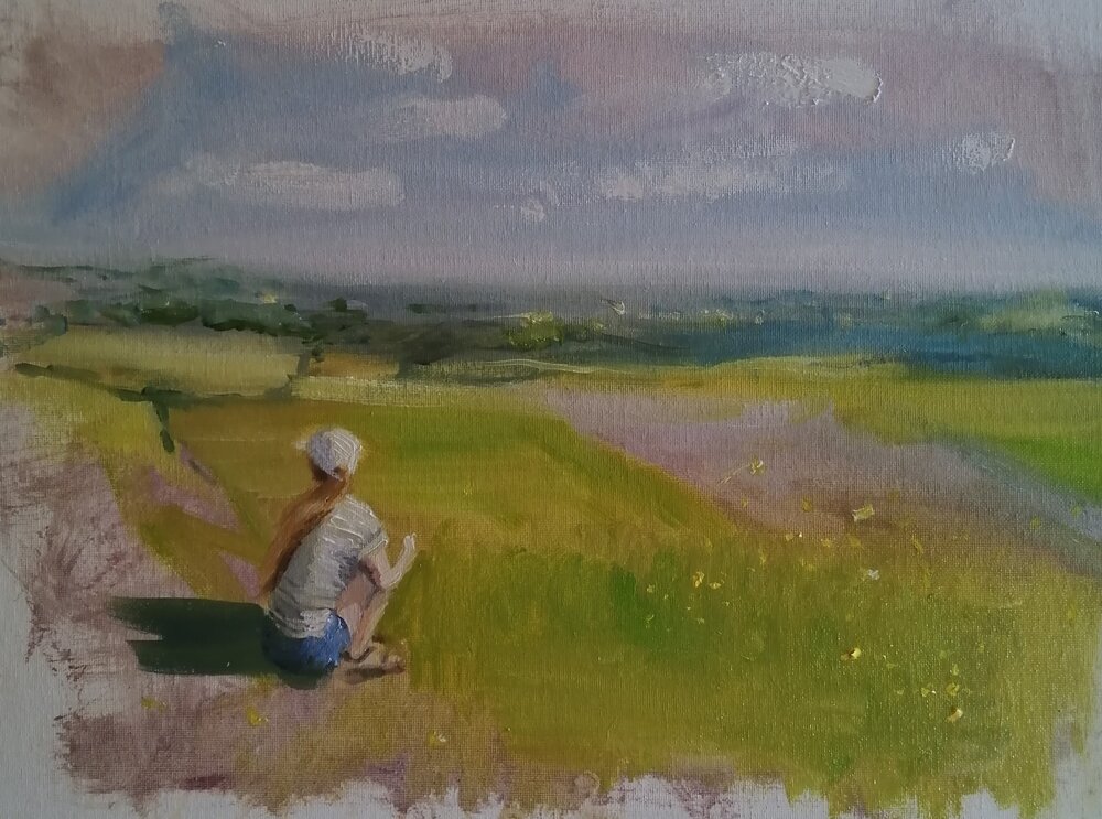  Summer evenings  Oil on board  41x31 cm  £350  An impressionist painting of a balmy summer evening at the white horse in Woodborough, Wiltshire. Soft golden sunlight creates long shadows as a girl sits in the foreground looking into the haze in the 