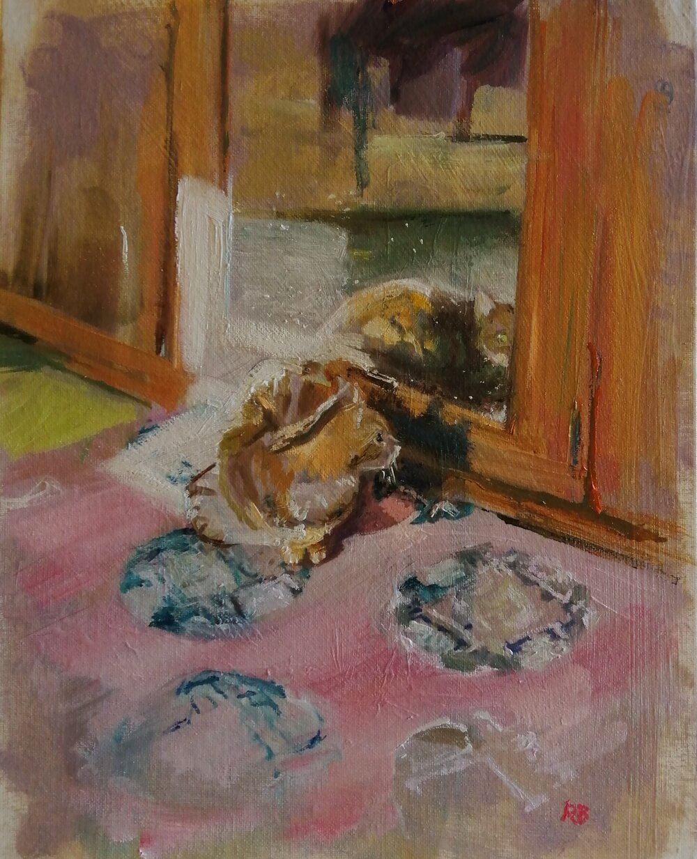  Cat and mirror  Oil on board  26x31 cm  £400  A painting of a Bengal cat reflected in a mirror, painted in a realist style. The cat belongs to the artist, and he is a regular subject for her paintings.  Sunlight is reflected back from the mirror, pi