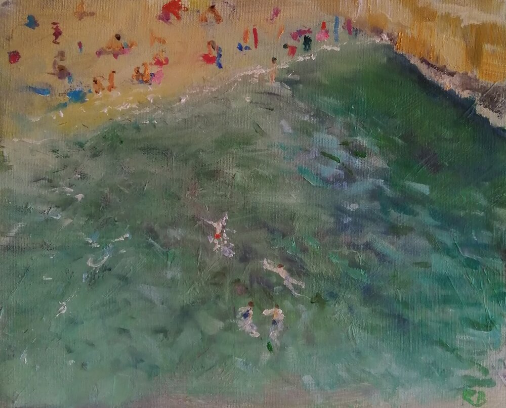  Bathers  Oil on board  31x26 cm  SOLD  An impressionist painting of bathers in an emerald sea off the French coast 
