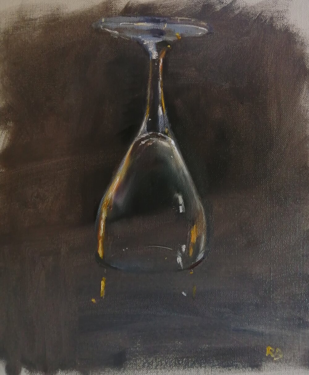  Dry wine glass  Oil on board  26x31 cm  SOLD  A still life painting of a drained wine glass, painted in a crisp, realist style. There is a delicacy and subtlety to this piece, with the different reflections on the glass and the reflective surface it