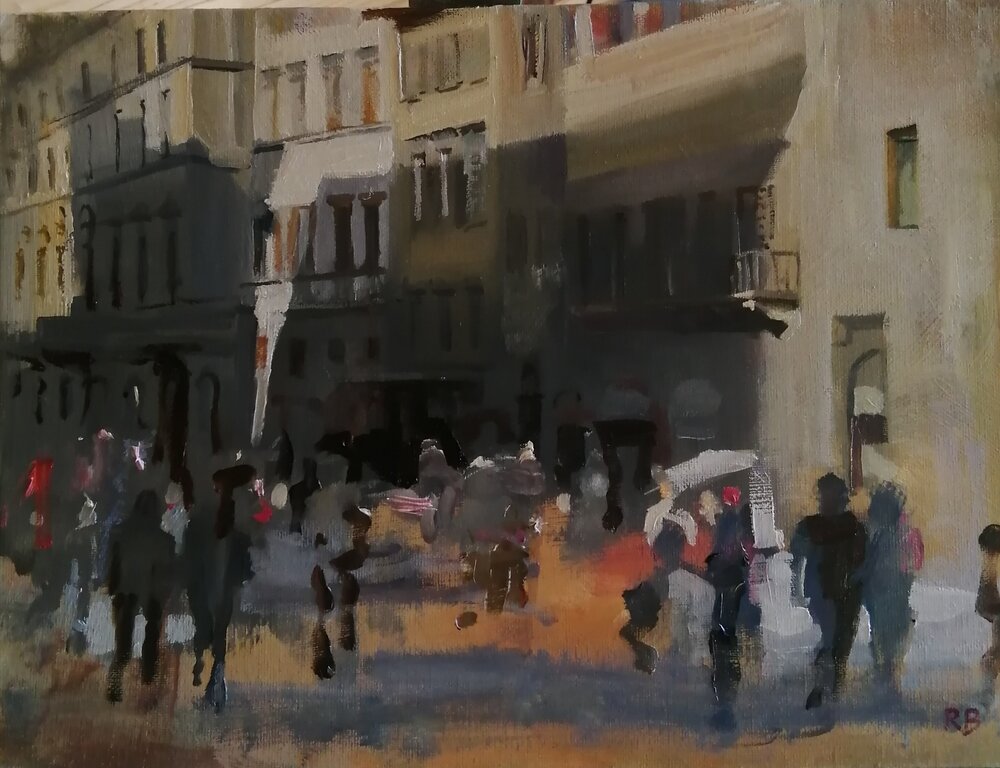  Florentine windows  2021  Oil on board  40x30 cm  £400  An impressionist painting of a street in Florence, the vibrancy and bustle of the crowd counterbalanced with the majestic buildings behind, dwarfing and overshadowing it. Shadows and sunlight p