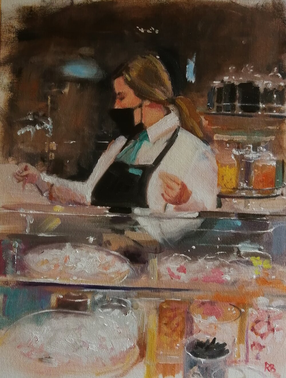  Turkish delight  2021  Oil on board  31x41 cm  £400  An energetic portrayal of a girl serving turkish delight and other sweets in the famous London shop, Fortnum and Mason. The glistening glass, lights, and powdery sweets add glamour to this impress