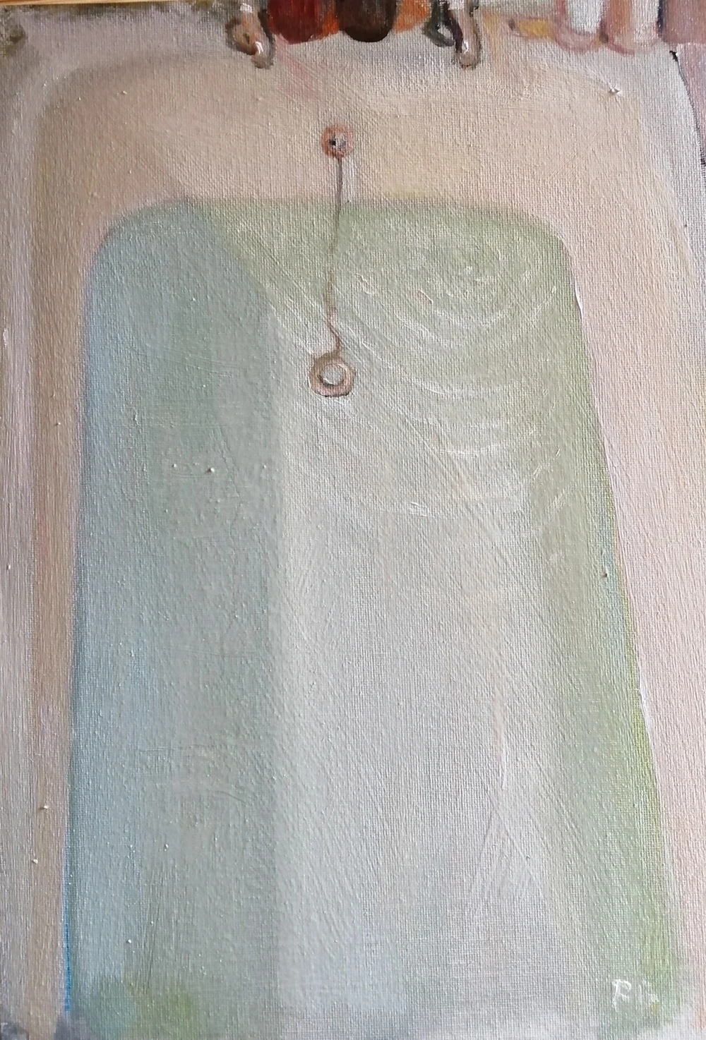  Drip  Oil on board  31x26 cm  £400  A dripping bath tap, and the ripples of light created and carried along the length of the bath 