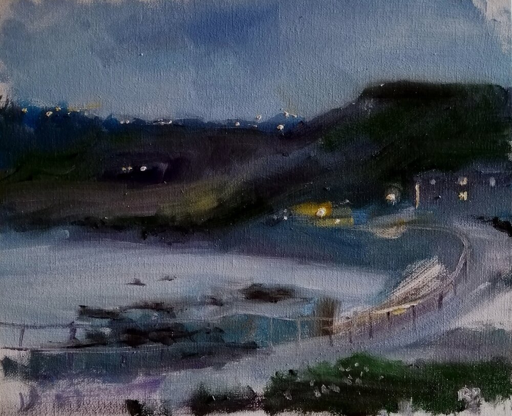  Sennen lights  Oil on board  31x26 cm  £400  An atmospheric impressionist painting of Sennen, Cornwall, as the sun disappears behind the cliffs and electric lights begin to show 