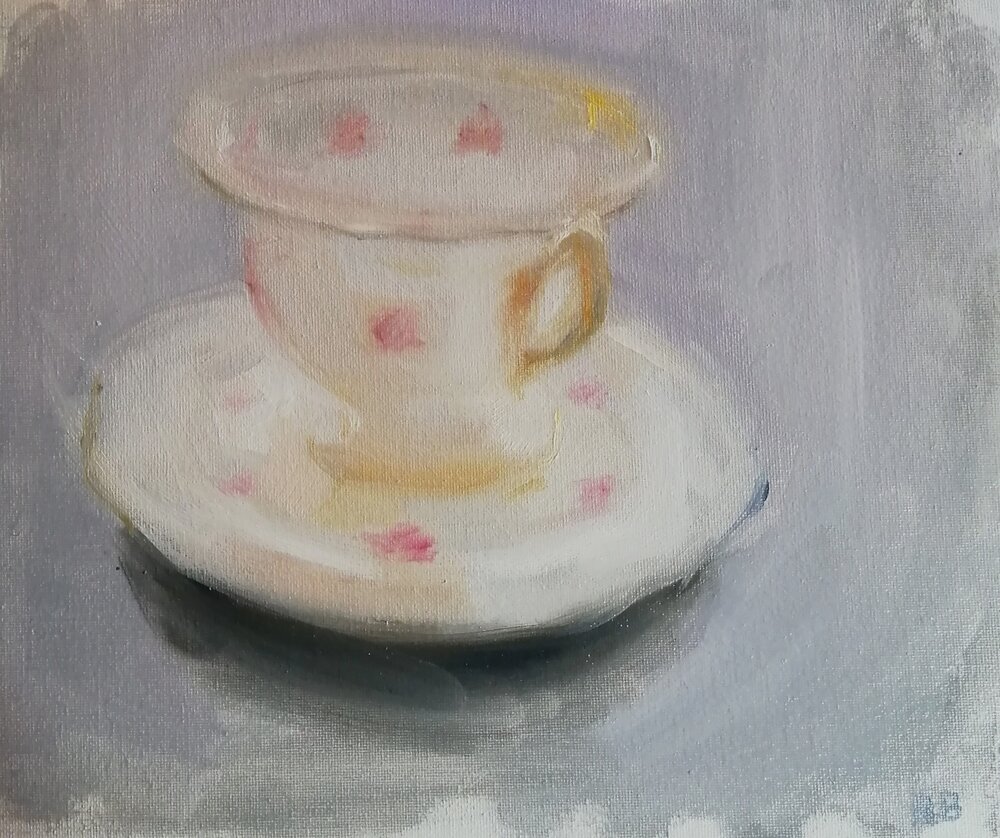  Earth tremors  Oil on board  31x26 cm  £400  A trembling tea cup finds its way onto the still life page, vibrations due to movement elsewhere. 