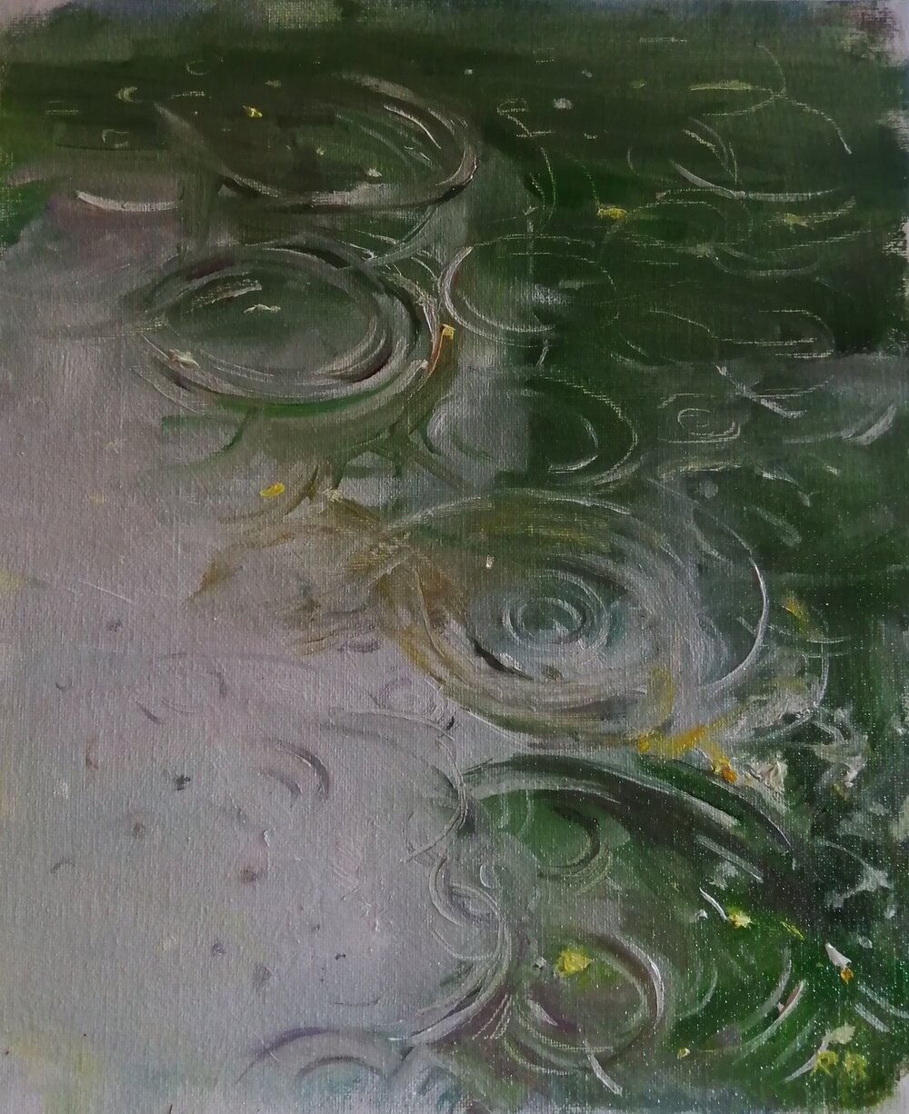  Raindrops  Oil on board  26x31 cm  SOLD  Raindrops on a pond , a subject revisited as autumn approaches again. A gentle, evocative painting which could quietly grace any wall, inviting contemplation and reflection. Painted in an impressionist style,